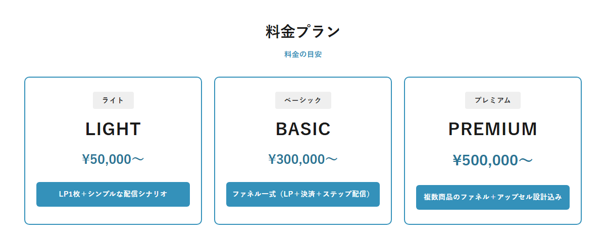 UTAGE構築代行の料金プラン比較(ライト5万円〜、ベーシック30万円〜、プレミアム50万円〜)